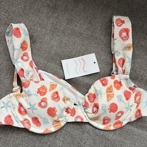 Sea Shell Print Waffle Bikini Top - Coral & Aqua